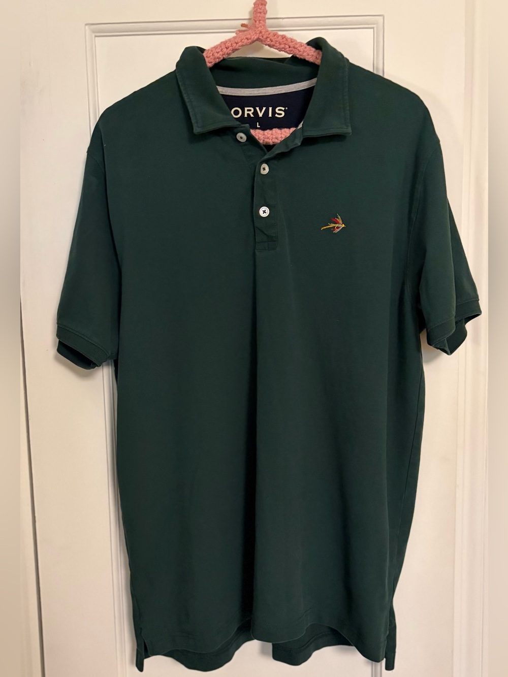 Orvis Dark Green Polo with Embroidered Fish Logo Gorpcore Fly Fishing Sz Large